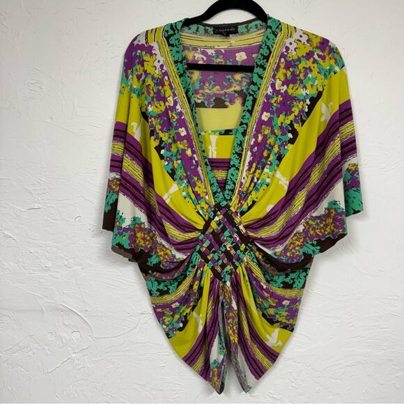 Vintage Rampage Green Purple Batwing Y2K Blouse Women’s M Woven Ruched Tunic Top - Picture 1 of 12